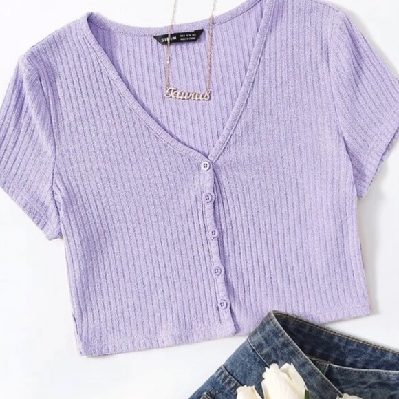 Shein EZ Wear v neck button placket crop tee lilac/purple size XL/12 - Picture 1 of 3